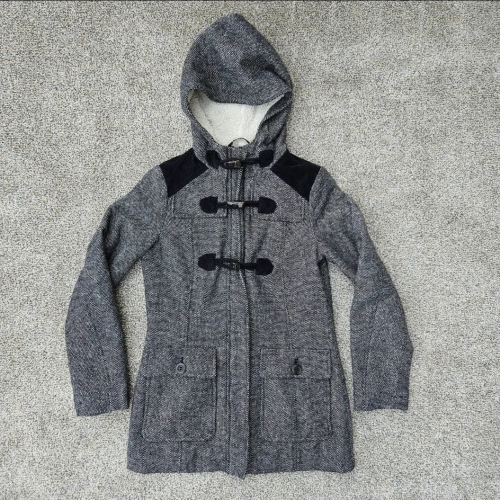 Prana Megan Black Tweed Duffle Wool Blend Jacket Sherpa Hood Toggle Womens XS